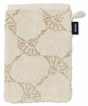 Beiger Waschhandschuh mit geometrischem Muster und einer Schlaufe, Vorderansicht