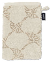 Beiger Waschhandschuh mit geometrischem Muster und einer Schlaufe, Vorderansicht