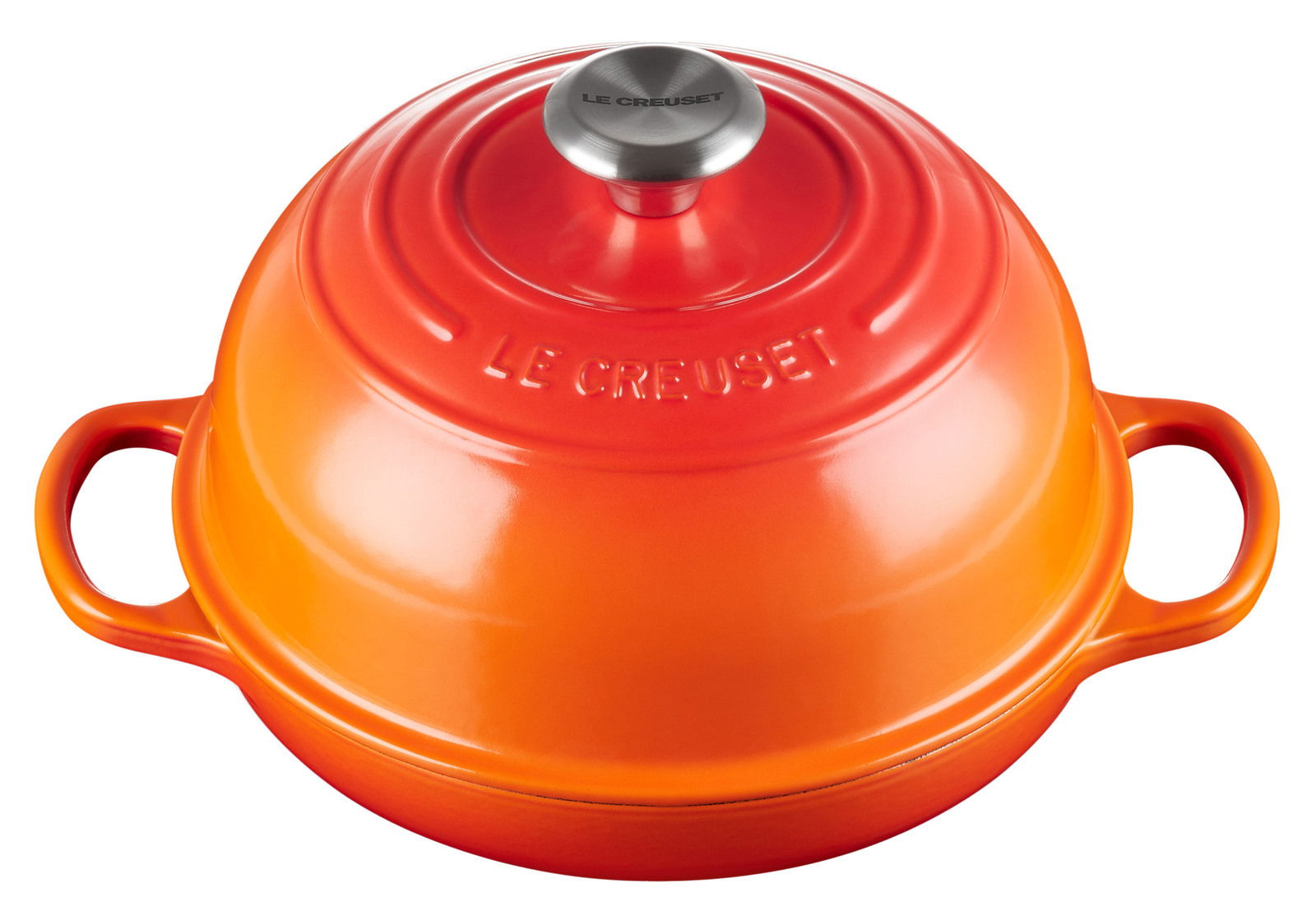 Roter Le Creuset Brot Bräter 24cm mit Deckel, seitliche Perspektive