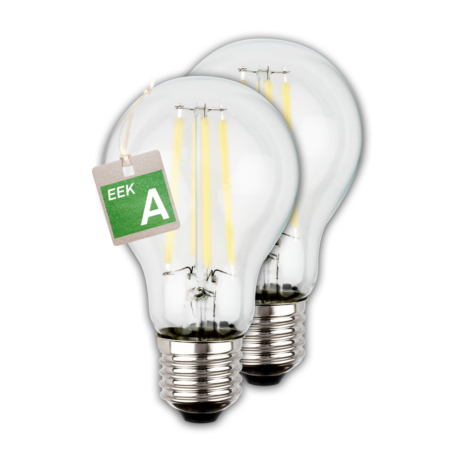 Zwei LED-Leuchtmittel E27 im Set, Energieeffizienzklasse A, frontal abgebildet