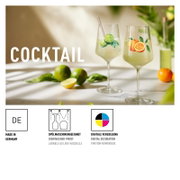 Zwei Cocktailgläser mit Fruchtmotiven (Limette und Orange) und hellgrünem Drink auf Tisch, Frontansicht in leicht seitlicher Perspektive; Hinweis: spülmaschinengeeignet, digitale Veredelung, Made in Germany