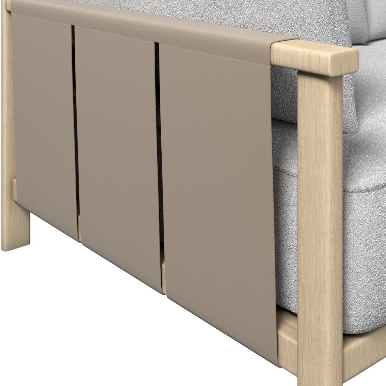 Rückansicht eines Loungesofas mit Holzrahmen und beigem Stoffbezug.
