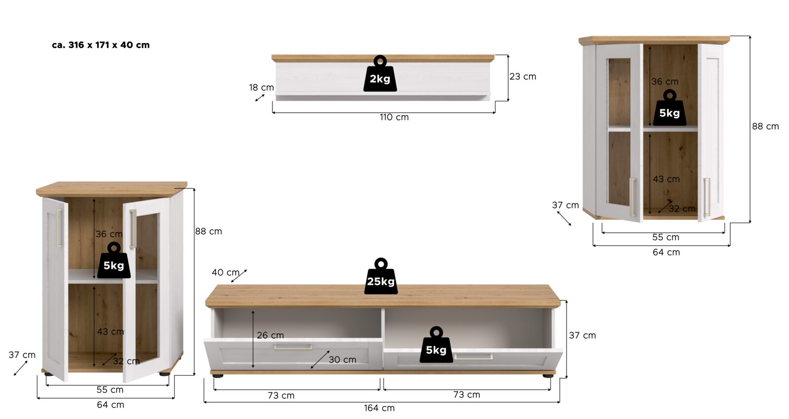 MID.YOU Wohnkombination VERONA Wohnkombination bestehend aus einem langen TV-Schrank mit zwei Schubladen, zwei Eckvitrinen und einem Wandregal, Perspektive von vorne.