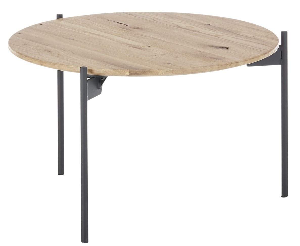 Ronde bijzettafel met houten blad en zwarte metalen poten, zijaanzicht