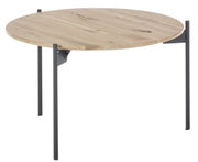 Ronde bijzettafel met houten blad en zwarte metalen poten, zijaanzicht