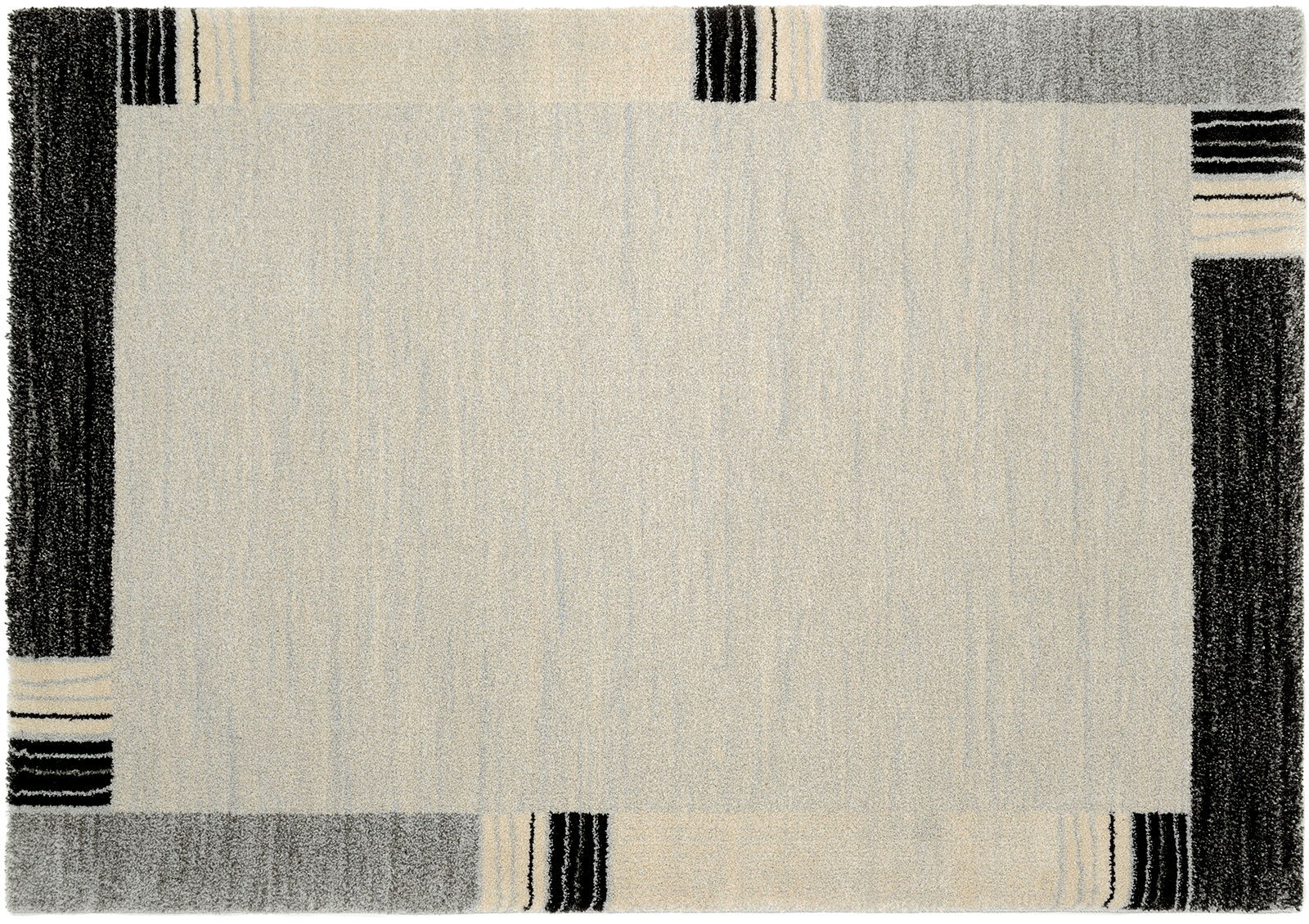 Teppich Castle Flora in der Größe von ca. 200x250cm, mit einem modernen Design in Grau- und Schwarztönen, aus der Vogelperspektive.