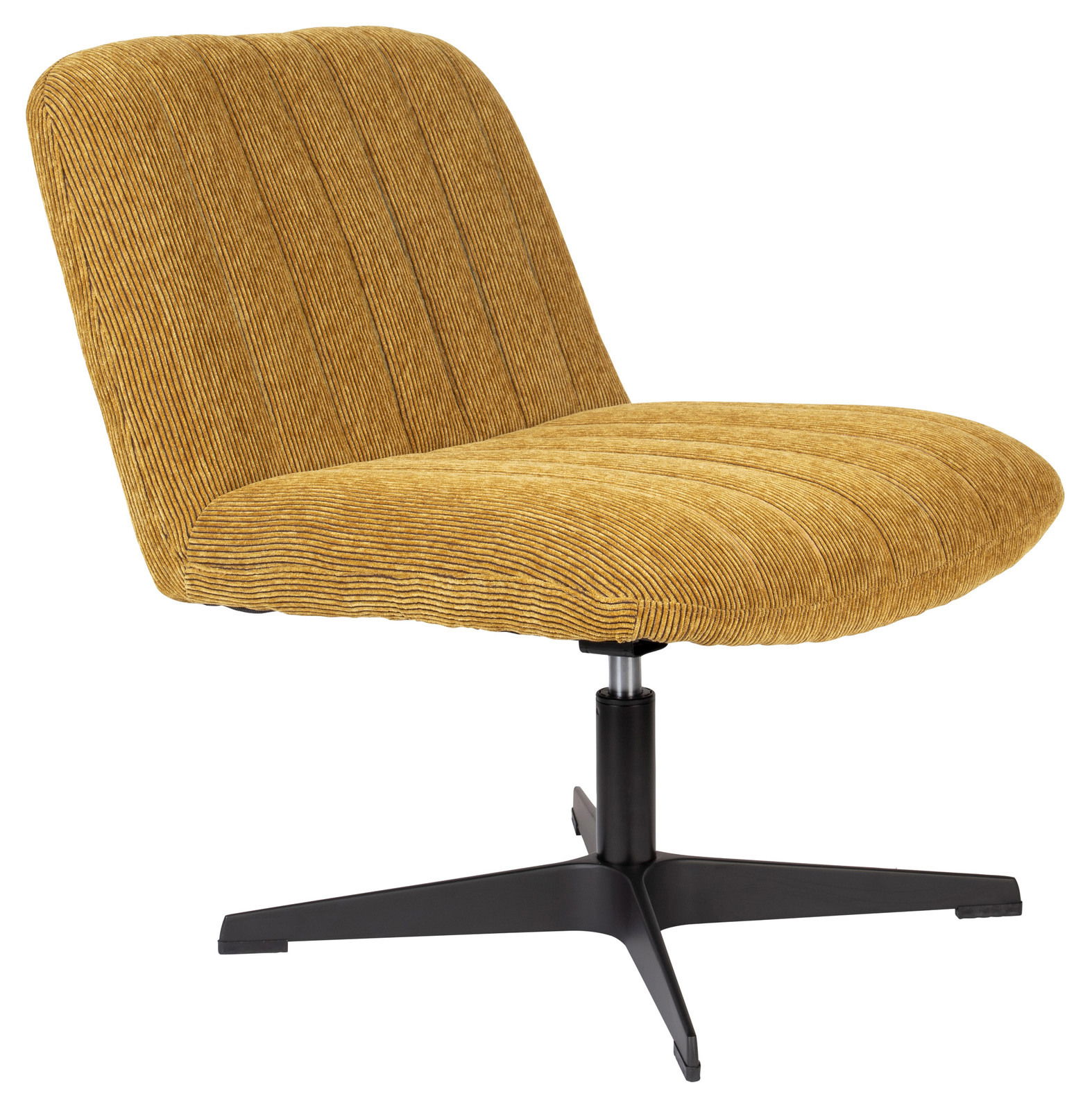 Gelber Sessel mit geripptem Stoffbezug und schwarzem Drehfuß, seitliche Perspektive