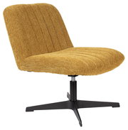 Gelber Sessel mit geripptem Stoffbezug und schwarzem Drehfuß, seitliche Perspektive