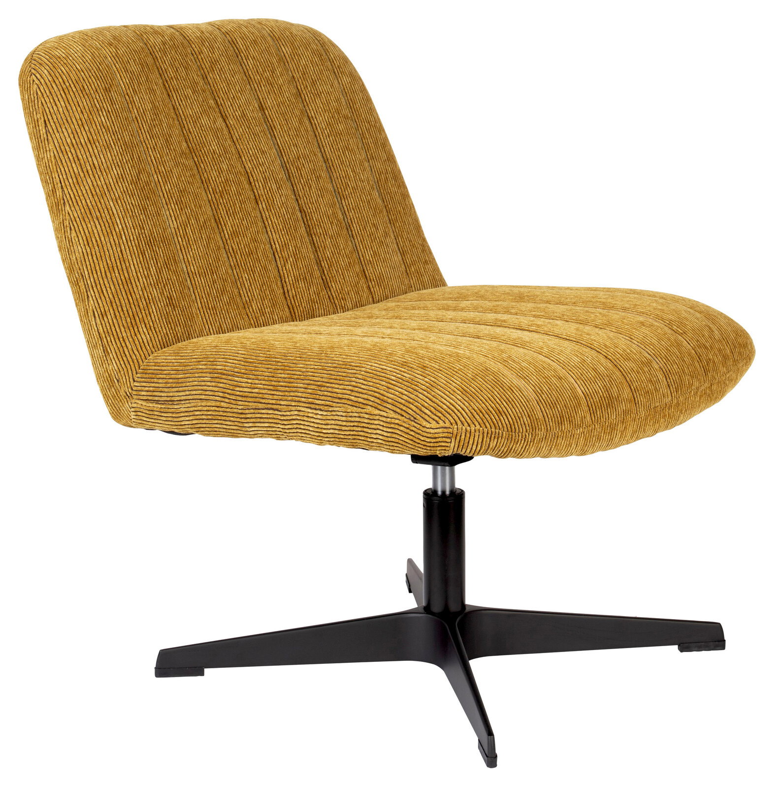 Gelber Sessel mit geripptem Stoffbezug und schwarzem Drehfuß, seitliche Perspektive