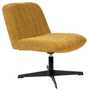 Gelber Sessel mit geripptem Stoffbezug und schwarzem Drehfuß, seitliche Perspektive