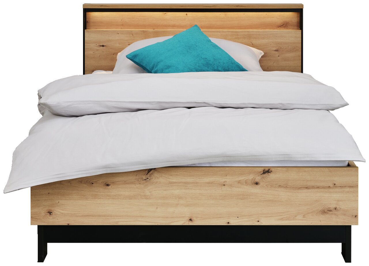 Frontale Ansicht eines Bettes mit Holzoptik und einem türkisfarbenen Kissen auf weißer Bettwäsche.