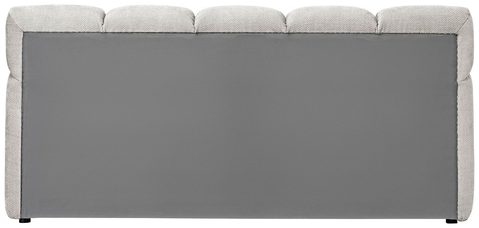 Rückansicht eines grauen Polsterbettgestells mit gepolstertem Kopfteil.