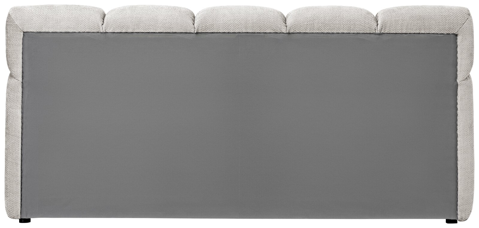 Rückansicht eines grauen Polsterbettgestells mit gepolstertem Kopfteil.