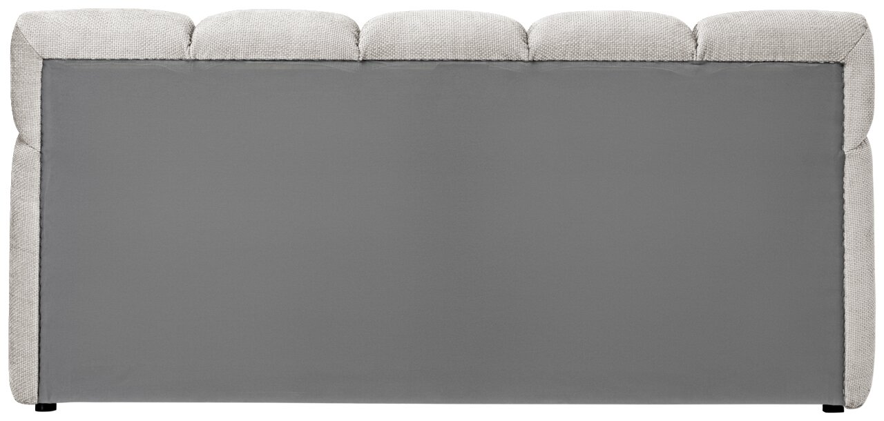 Rückansicht eines grauen Polsterbettgestells mit gepolstertem Kopfteil.