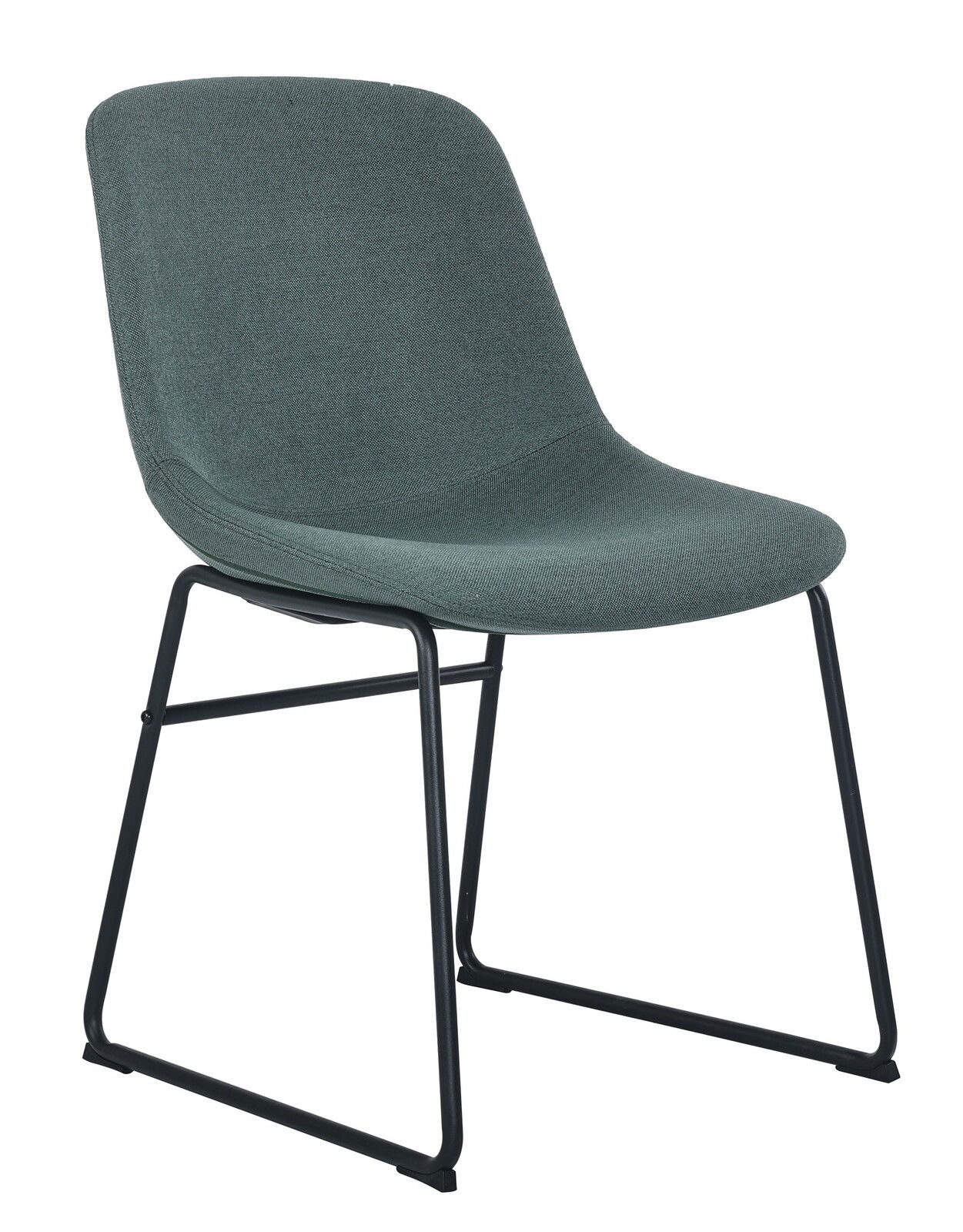 Moderner Stuhl mit grünem Stoffbezug und schwarzem Metallgestell, seitliche Perspektive