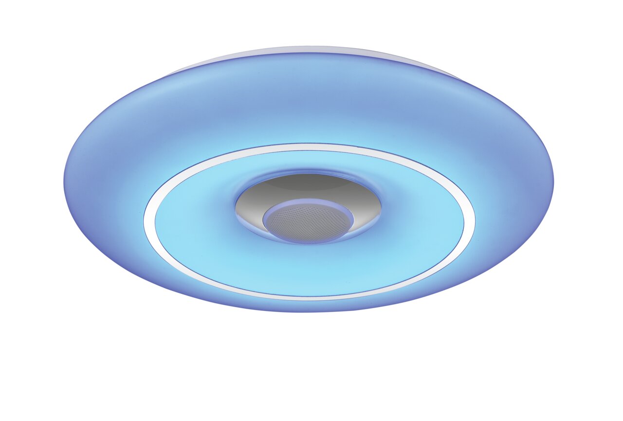 Runde LED-Deckenleuchte mit blauem Leuchtring, von unten betrachtet.