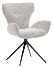 Moderne fauteuil met lichtgrijze stoffen bekleding en een zwart metalen frame, gezien vanaf de zijkant.