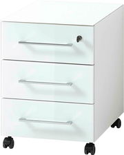 Weißer Rollcontainer mit drei Schubladen und Rollen, seitliche Perspektive
