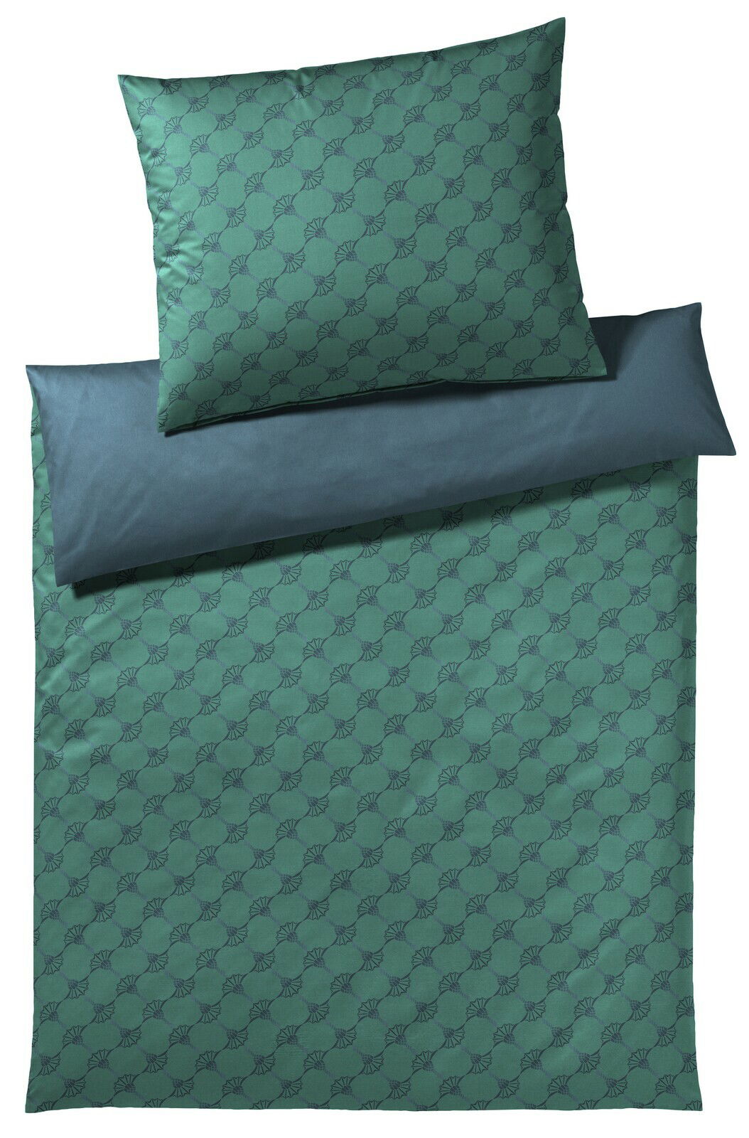 Grüne Bettwäsche mit Kornblumenmuster, bestehend aus einem Kissenbezug und einem Bettdeckenbezug, aus der Vogelperspektive fotografiert.