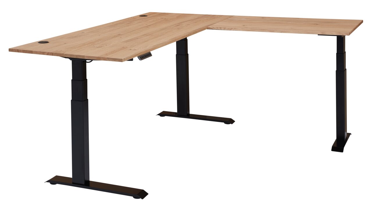 Modern, in hoogte verstelbaar elektrisch hoekbureau van melamine met zwart onderstel, zijaanzicht