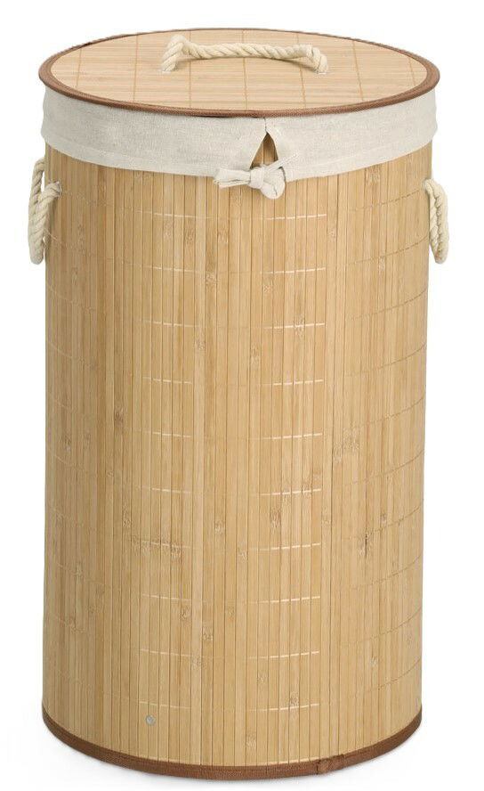 Runder Wäschesammler aus Bambus mit Deckel und seitlichen Griffen, Frontalansicht