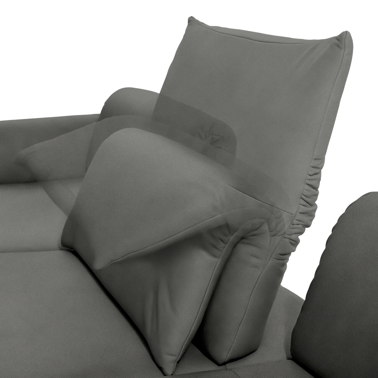 Detailfoto van een grijze longchair-set met verstelbare rugleuning en armleuning.