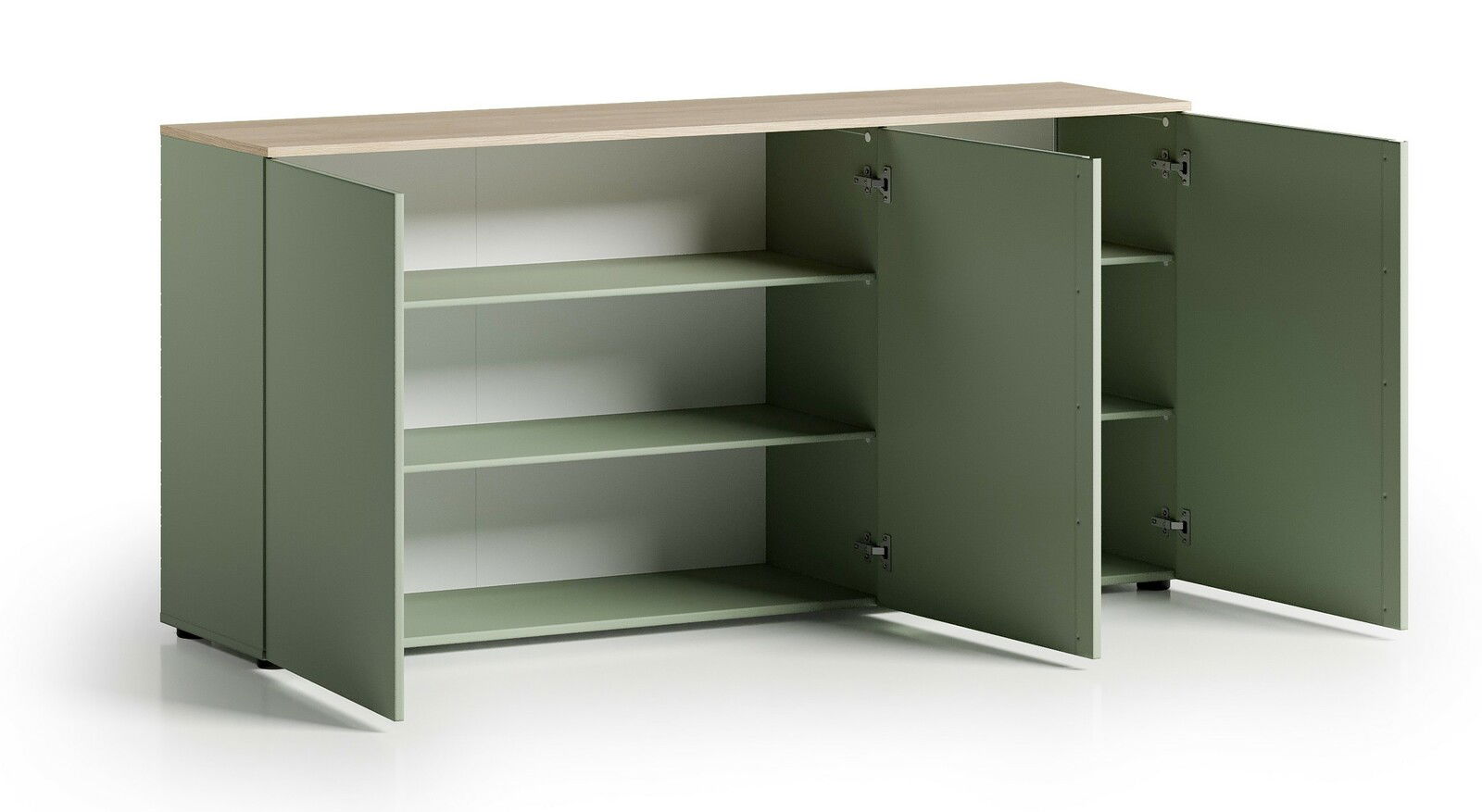Grünes Sideboard mit offenen Türen, zwei Regalböden und einer Holzoberfläche, seitliche Perspektive