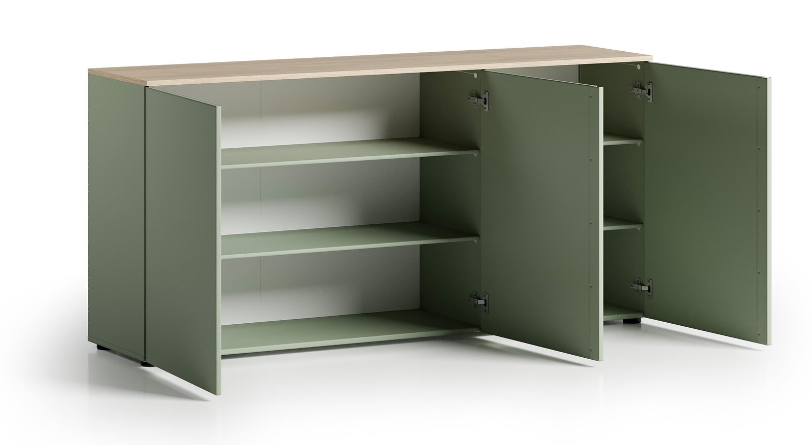 Grünes Sideboard mit offenen Türen, zwei Regalböden und einer Holzoberfläche, seitliche Perspektive