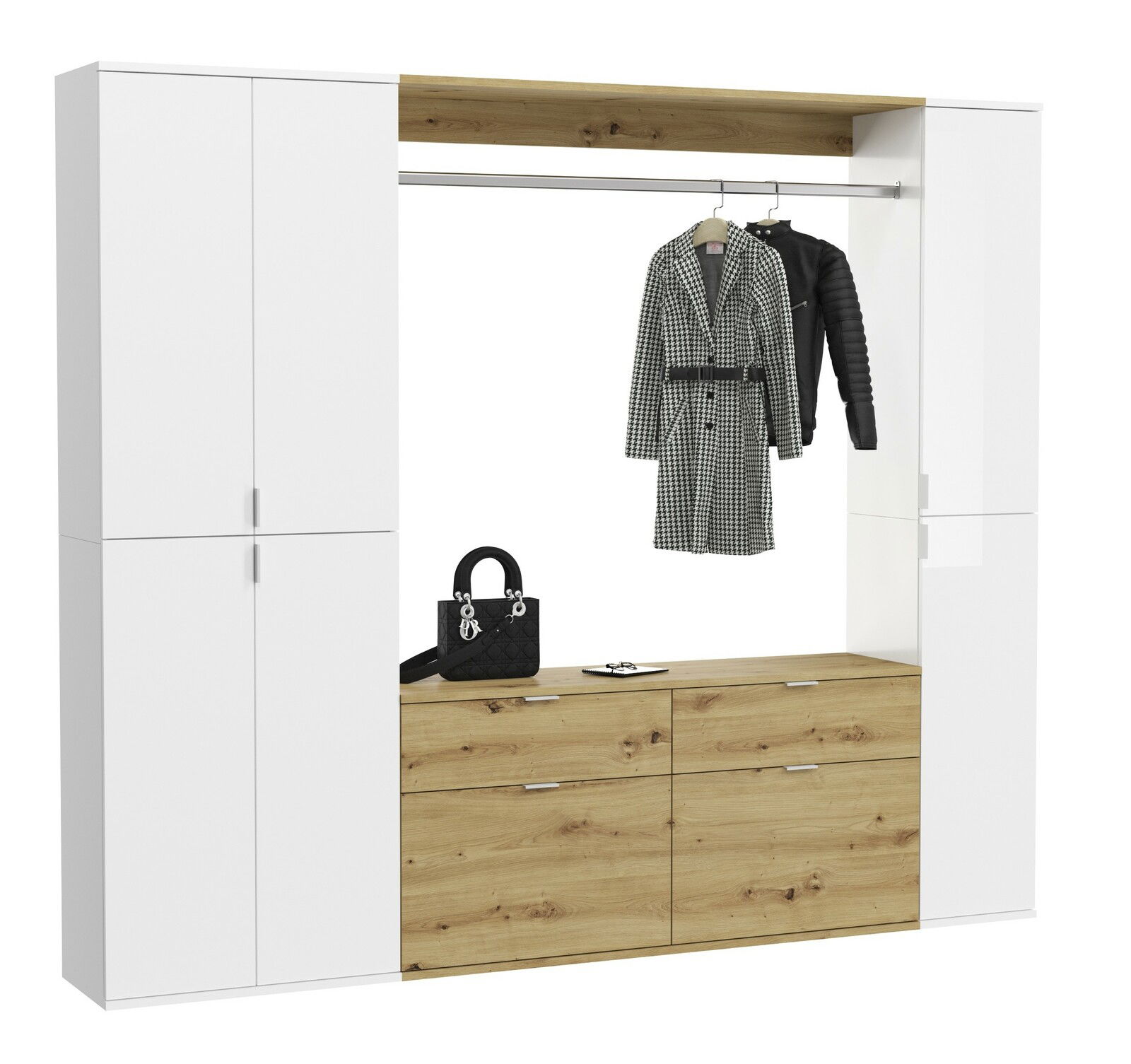 MID.YOU Garderobenkombination PROJEKT X Garderobenkombination in Frontansicht mit weißem und holzfarbenem Design, bestehend aus Schränken, Schubladen und einer Kleiderstange mit hängendem Mantel und Jacke.