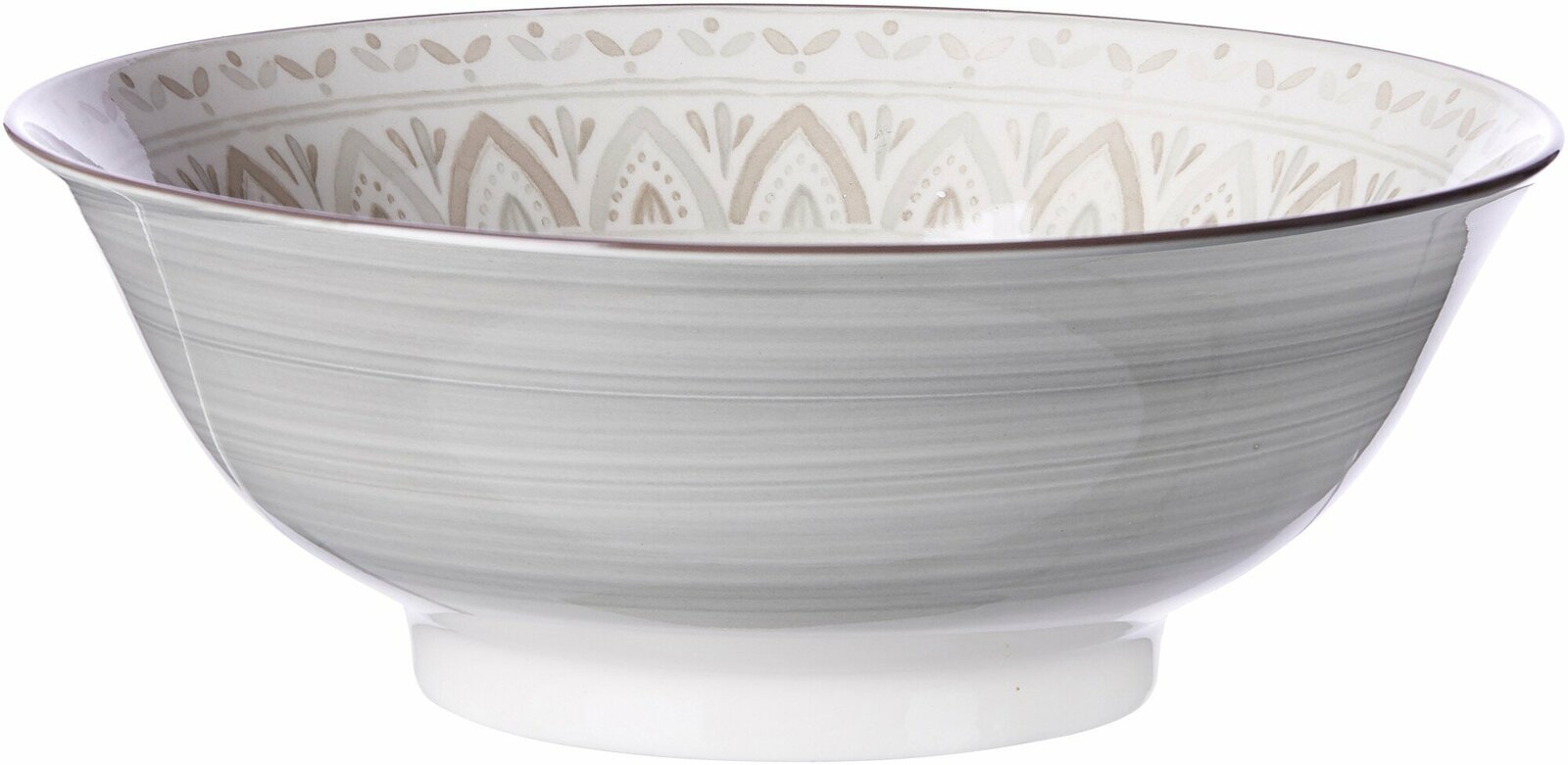 Graue Servierschale mit dekorativem Muster, seitliche Perspektive