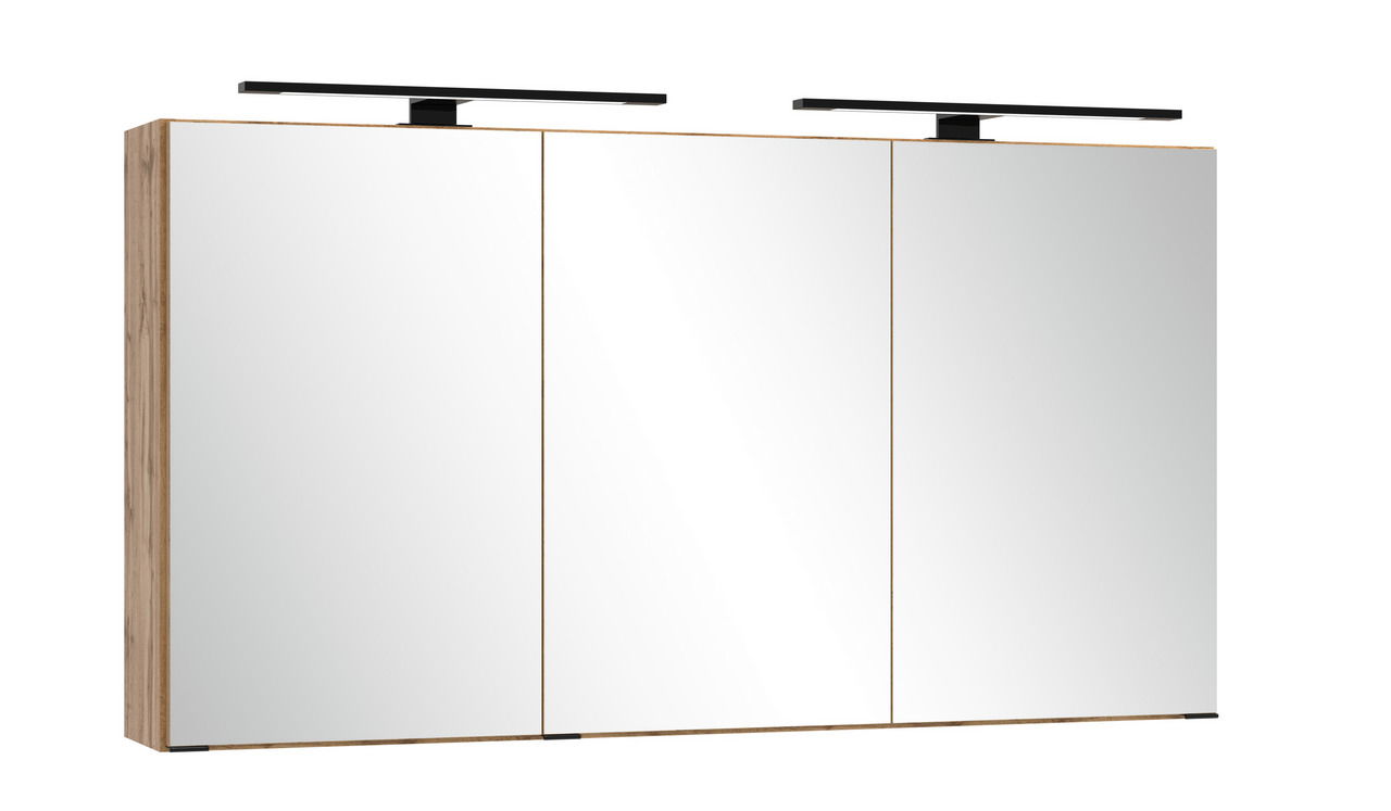Moderner Spiegelschrank mit drei Türen und integrierter Beleuchtung, seitliche Holzoptik, Frontalansicht