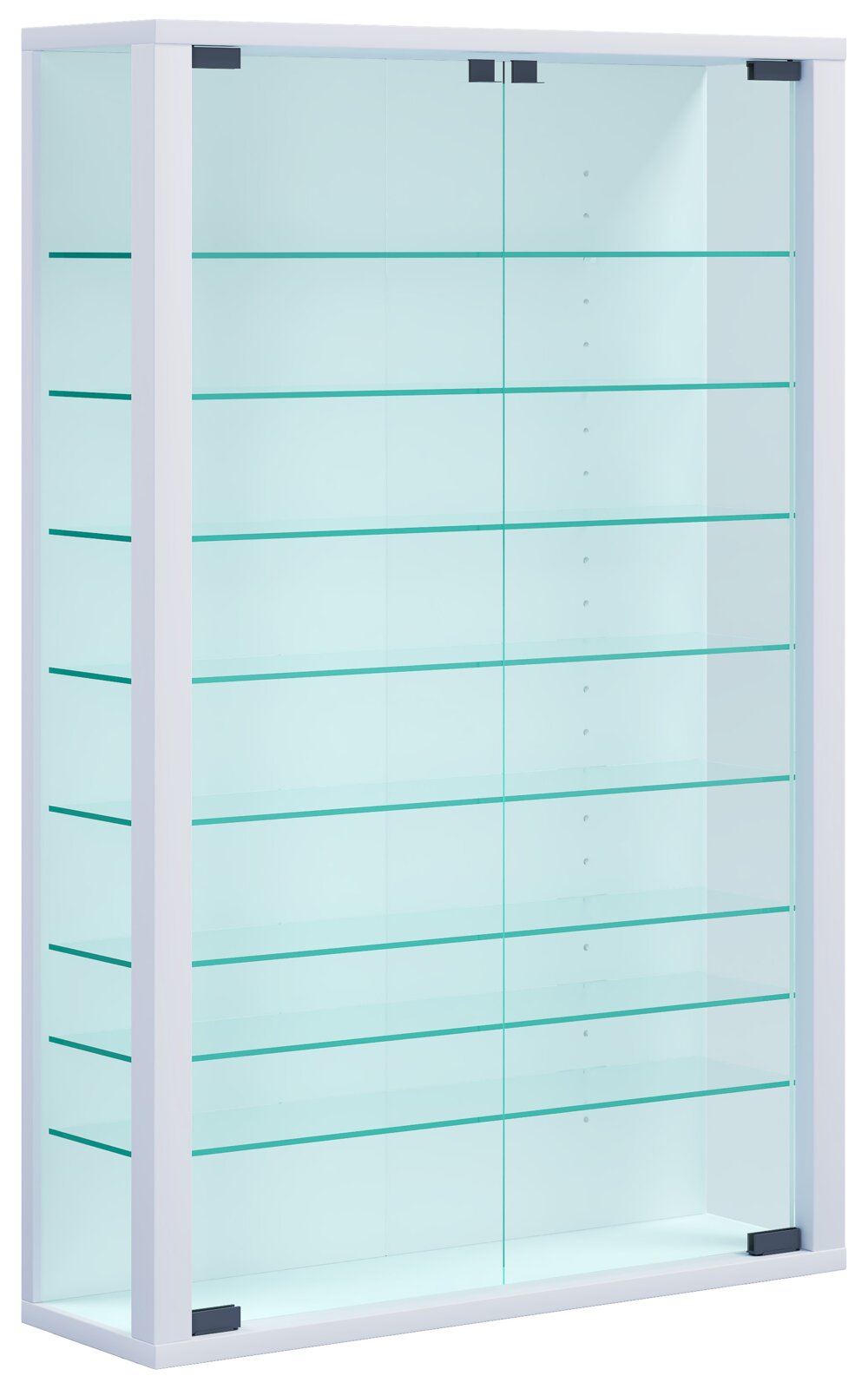 Hoher Glasvitrinenschrank mit weißem Rahmen, transparenten Glastüren und mehreren Glasböden, in frontaler leicht schräger Perspektive von links fotografiert.