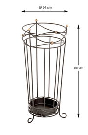 Schwarzer Metall-Schirmständer mit runder Auffangschale und goldfarbenen Akzenten, Ø 24 cm und 55 cm hoch, freigestellt vor weißem Hintergrund, perspektivische Frontansicht leicht von oben.