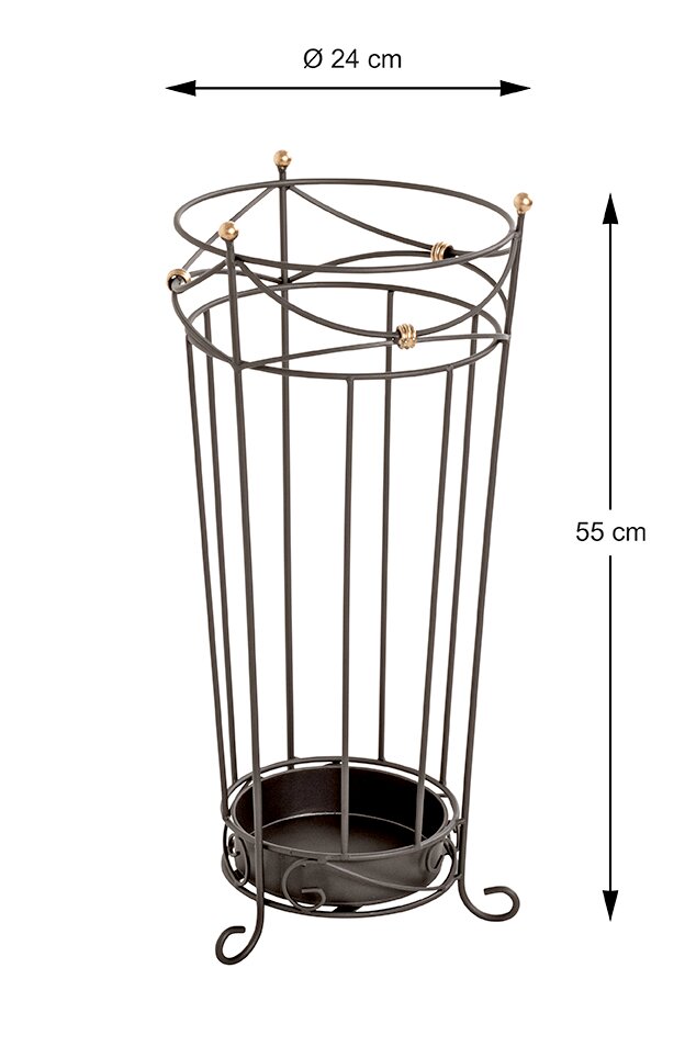 Schwarzer Metall-Schirmständer mit runder Auffangschale und goldfarbenen Akzenten, Ø 24 cm und 55 cm hoch, freigestellt vor weißem Hintergrund, perspektivische Frontansicht leicht von oben.