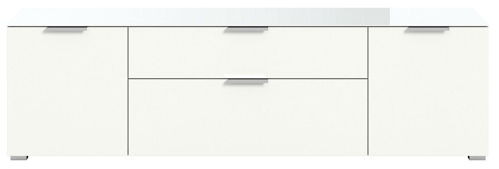 Weiße Kommode mit zwei Türen und zwei Schubladen, Frontansicht