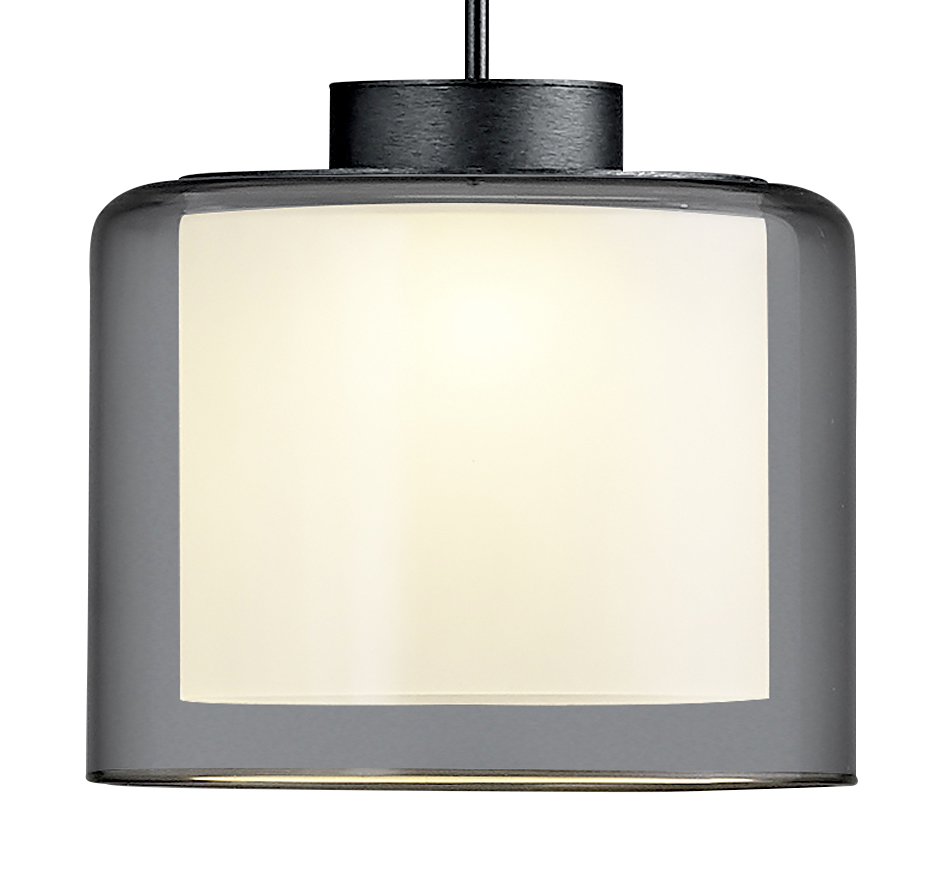 Moderne LED-Pendelleuchte KLARA mit zylindrischem, grauem Glasschirm, seitliche Perspektive