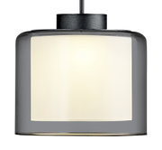 Moderne LED-Pendelleuchte KLARA mit zylindrischem, grauem Glasschirm, seitliche Perspektive