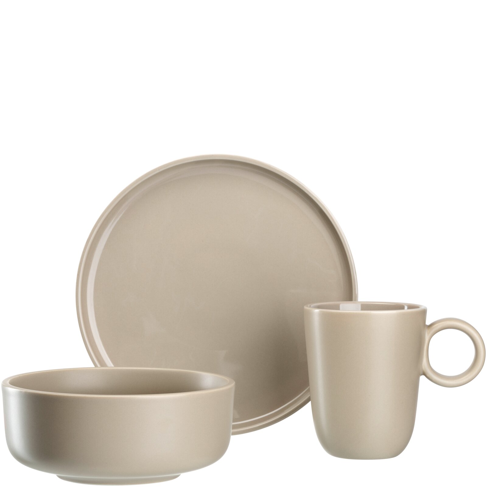 Beiges Frühstücksset ROMA von Leonardo, bestehend aus Teller, Schale und Tasse, frontal abgebildet.