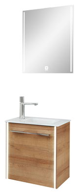 Waschtisch mit Holzoptik und integriertem Waschbecken, darüber ein rechteckiger Spiegel mit LED-Beleuchtung, frontale Ansicht.