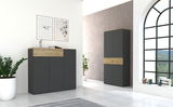 Moderne Garderobenmöbel in Graphit mit Holzdetails, bestehend aus einem niedrigen und einem hohen Schrank, in einem hellen Raum mit großen Fenstern, Pflanzen und Wanddekorationen. Perspektive von vorne links.