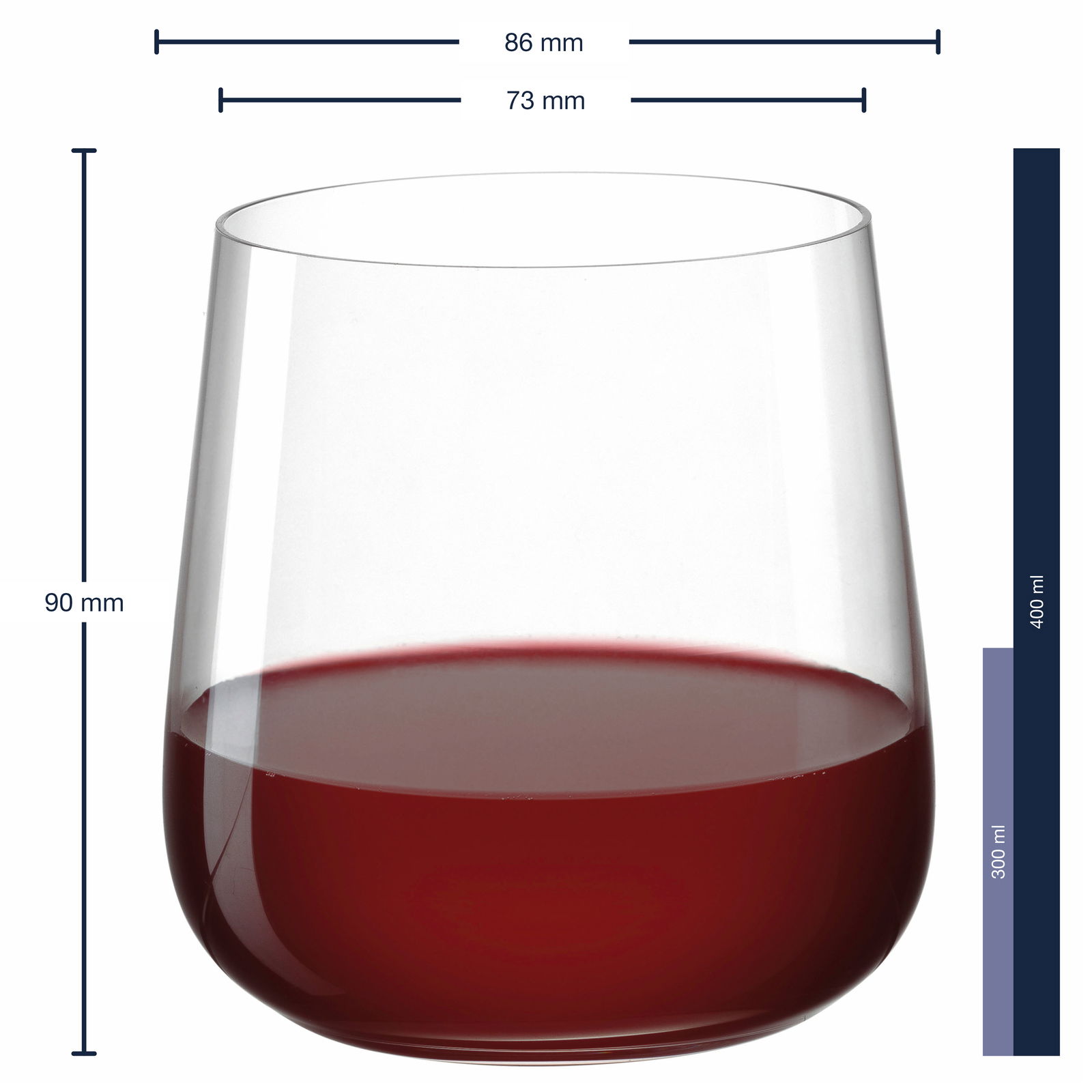 Trinkglas Brunelli 400ml, seitliche Ansicht, gefüllt mit roter Flüssigkeit, Maße: Höhe 90 mm, Durchmesser oben 86 mm, Durchmesser unten 73 mm.