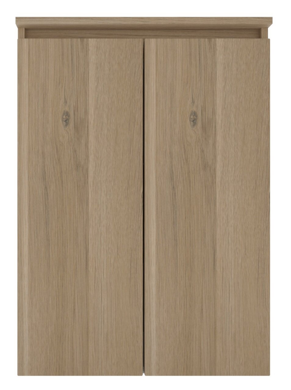 Vooraanzicht van een hoogkast van licht hout met twee deuren.
