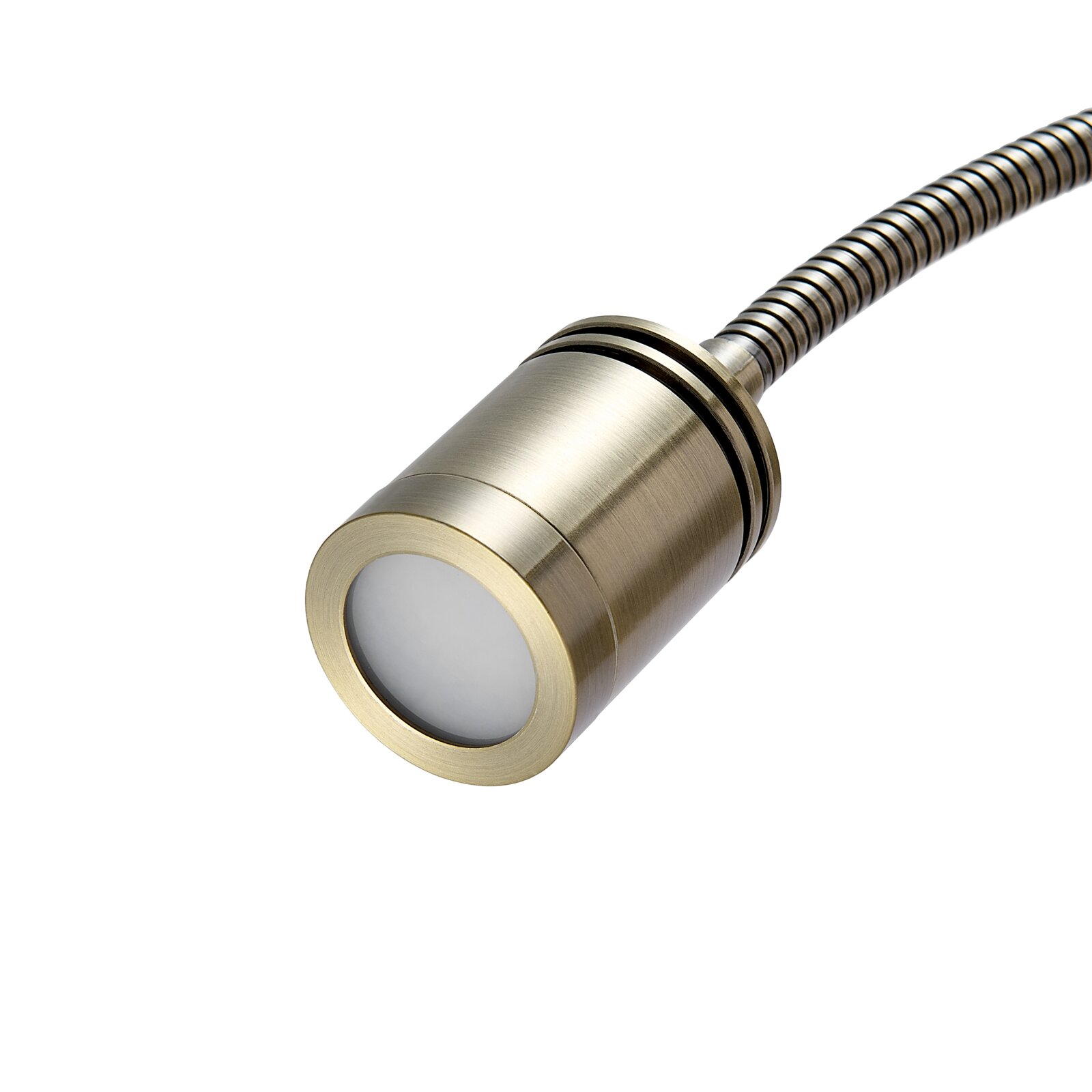 Zylindrische LED-Einbauleuchte aus gebürstetem Messing mit opaler Front und flexiblem Metallkabel, schräg von vorn auf weißem Hintergrund fotografiert