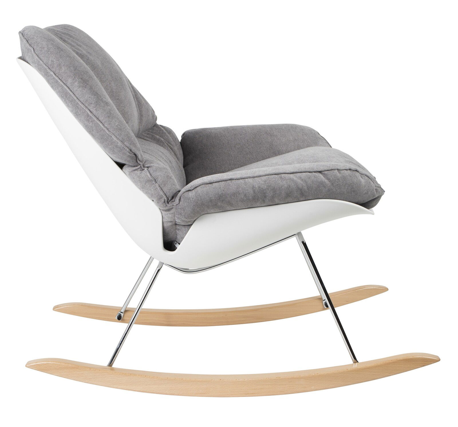 Moderner Schaukelsessel mit grauem Polster und weißer Schale, seitliche Ansicht