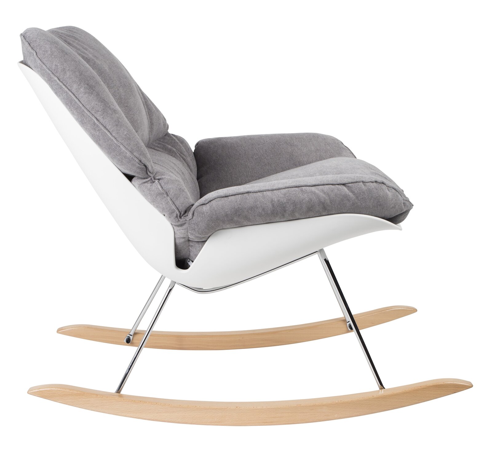 Moderner Schaukelsessel mit grauem Polster und weißer Schale, seitliche Ansicht