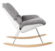 Moderner Schaukelsessel mit grauem Polster und weißer Schale, seitliche Ansicht