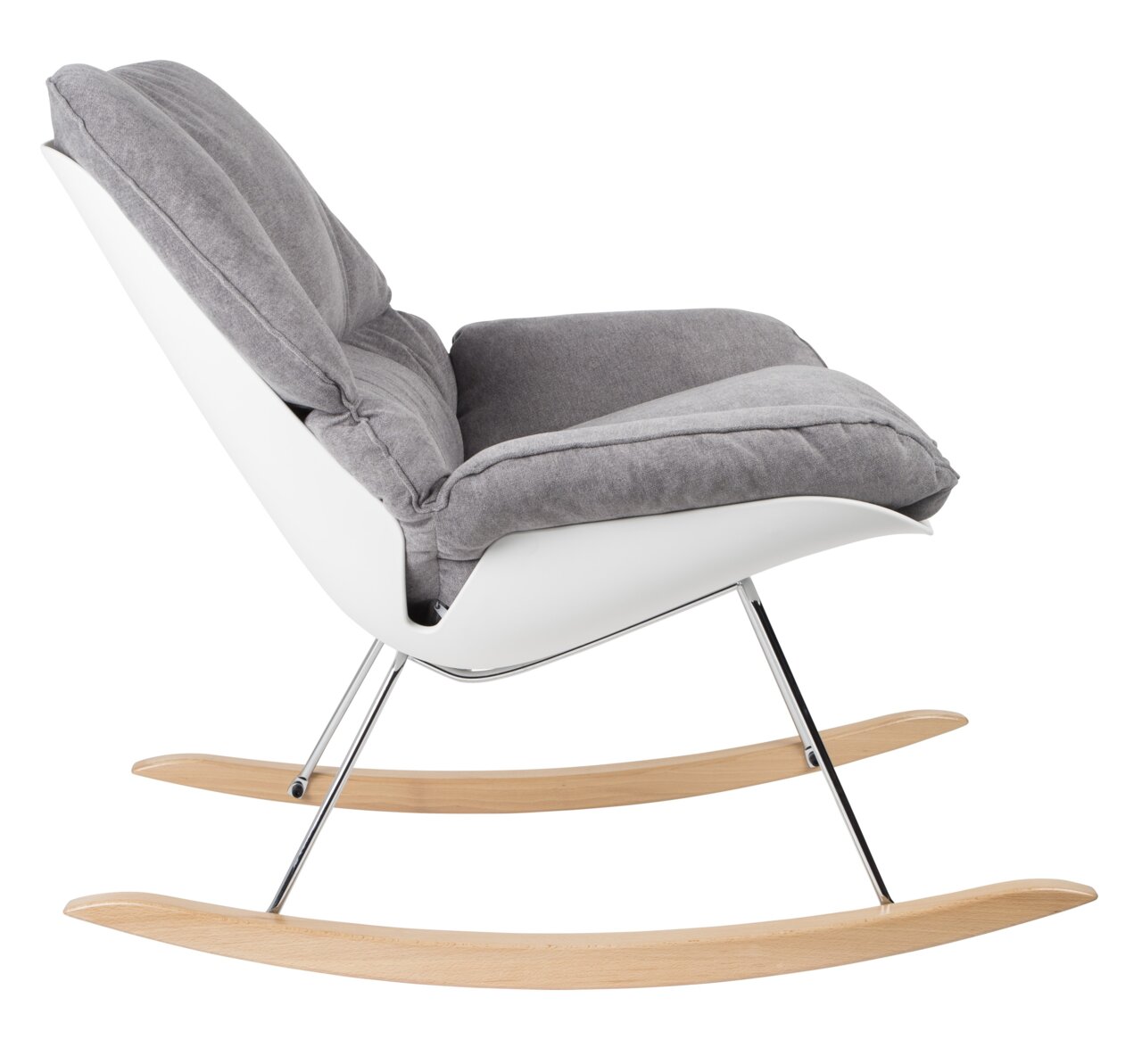 Moderne schommelstoel met grijze bekleding en witte zitting, zijaanzicht