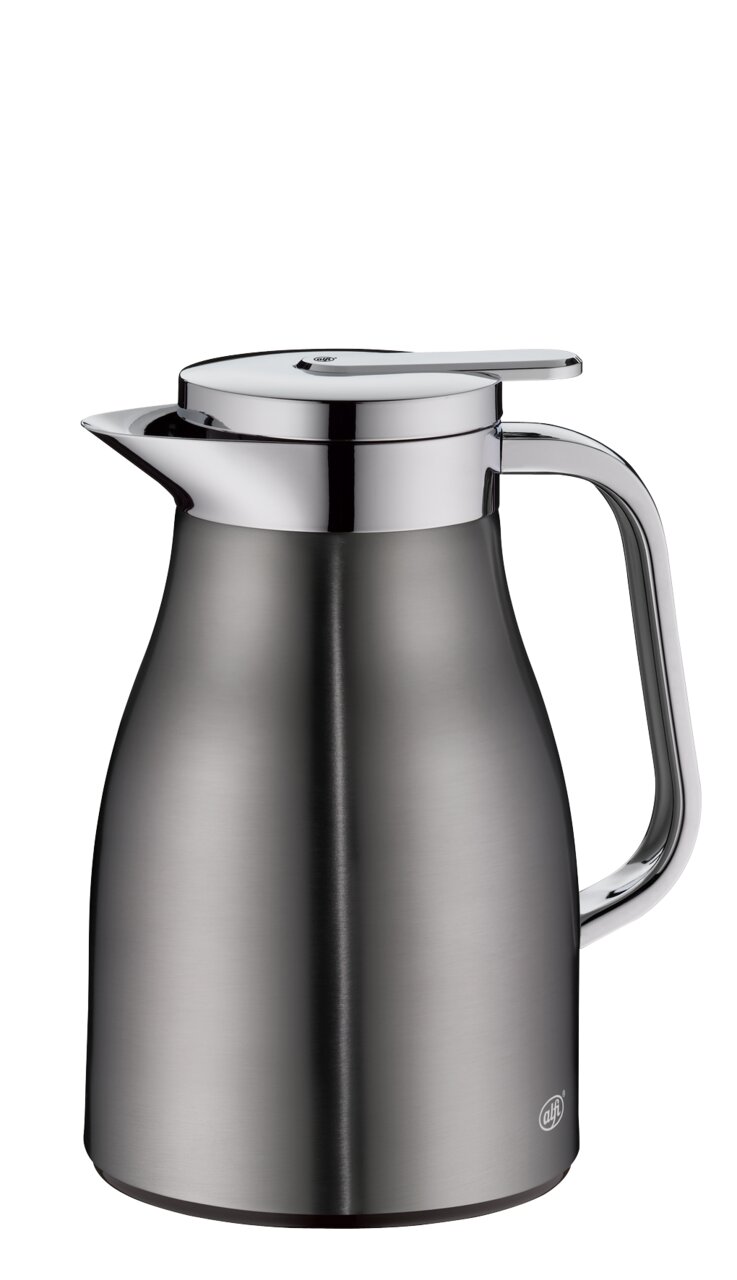 Thermoskanne SKYLINE in cool grey, 0,65l, aus Edelstahl mit glänzendem Griff und Deckel, seitliche Perspektive