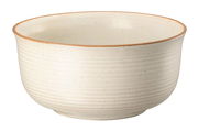 Müslischale aus Keramik, 15 cm Durchmesser, in Seitenansicht, cremefarben mit feiner Rillenstruktur und leichtem Rand in Naturton.