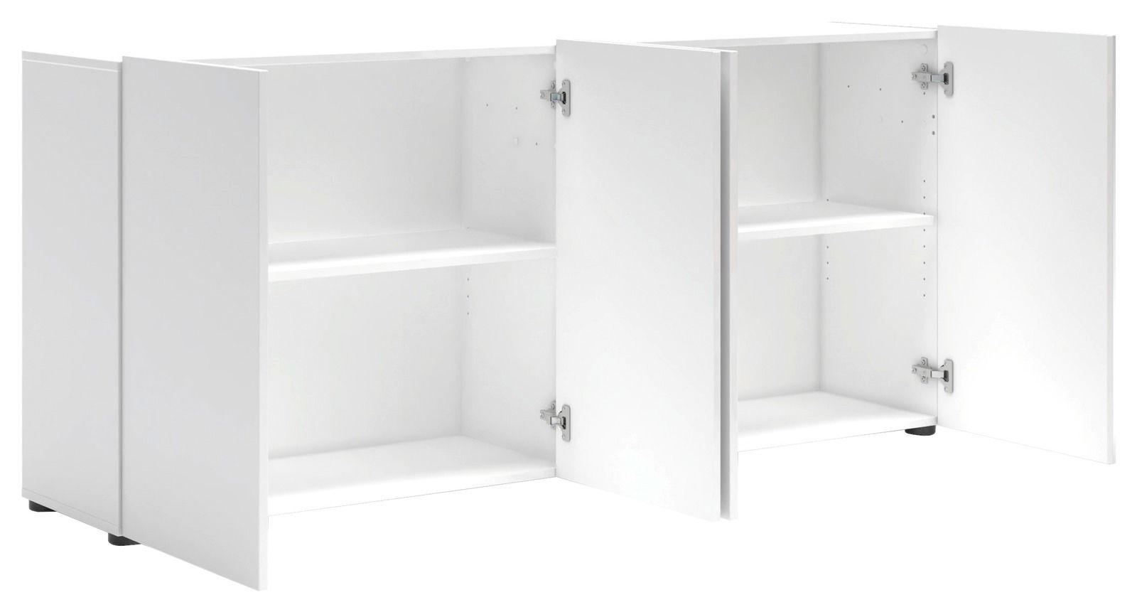 Weißes Sideboard mit offenen Türen, seitliche Perspektive
